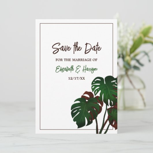 Tropical Monstera Beach Wedding Save The Date (Stehend Vorderseite)
