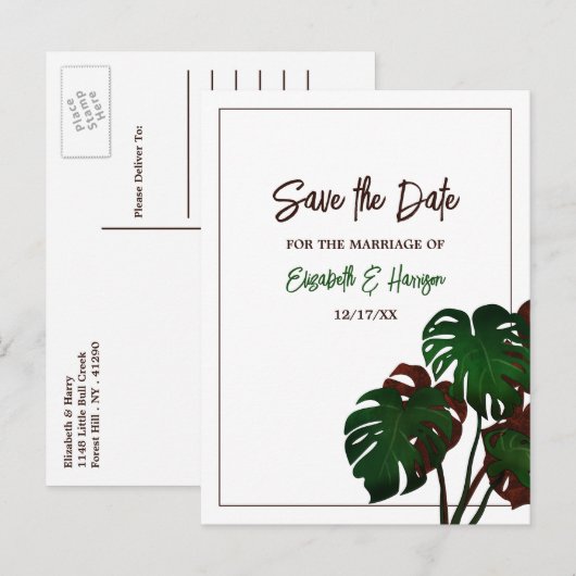Tropical Monstera Beach Wedding Save the Date Ankündigungspostkarte (Vorne/Hinten)