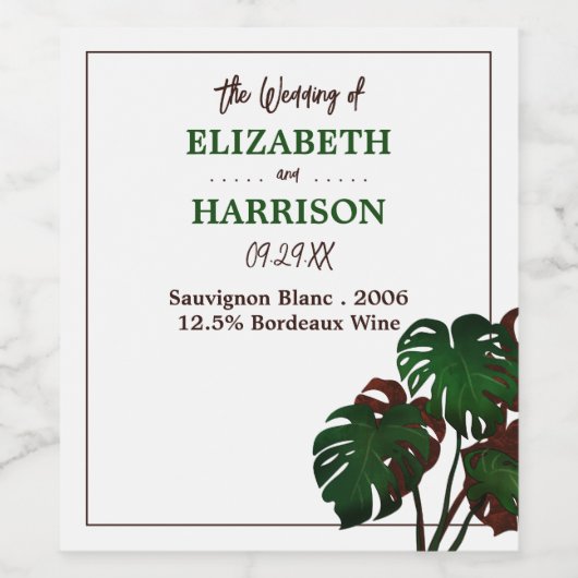 Tropical Monstera Beach Wedding Weinetikett (Einzelnes Label)