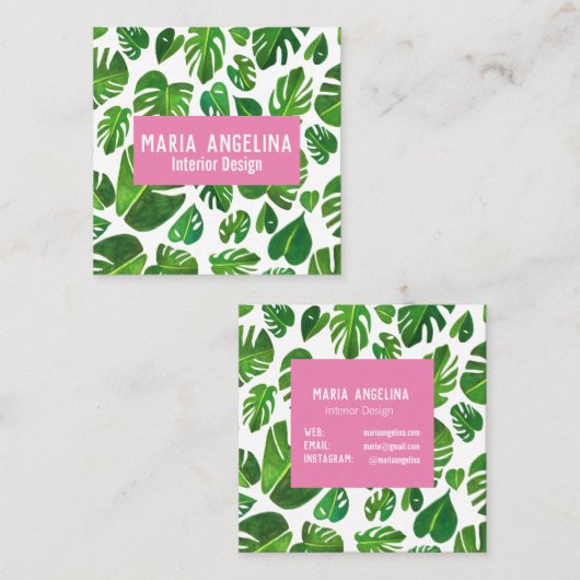 Tropical Monstera Blätter Aquarellgestaltung Quadratische Visitenkarte (Vorne/Hinten)