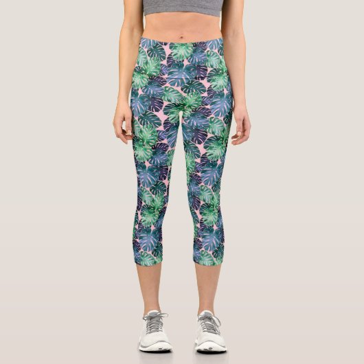 Tropical Monstera Blätter Capri Leggings (Vorderseite)