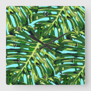 Tropical Monstera Blätter - Exotic Quadratische Wanduhr