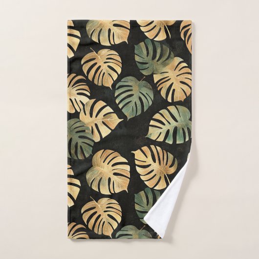 Tropical Monstera Blätter Muster Schwarzer Grüner Badhandtuch Set (Handtuch)