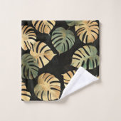 Tropical Monstera Blätter Muster Schwarzer Grüner Badhandtuch Set (Waschlappen)
