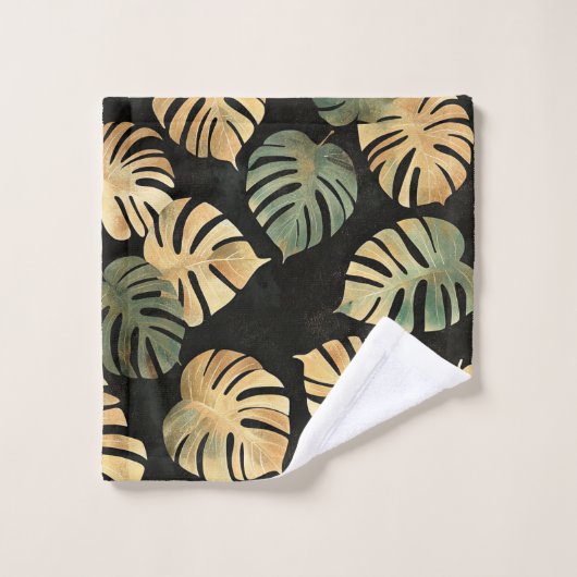 Tropical Monstera Blätter Muster Schwarzer Grüner Badhandtuch Set (Waschlappen)