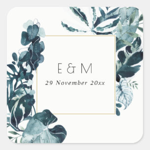 Tropical Monstera Blue Foliage Monogram Wedding Quadratischer Aufkleber