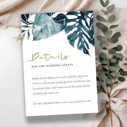Tropical Monstera Blue Foliage Wedding Details Begleitkarte