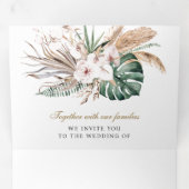 Tropical Monstera Boho Pampas QR Code Wedding Dreifach Gefaltete Einladung (Innen Erste Seite)