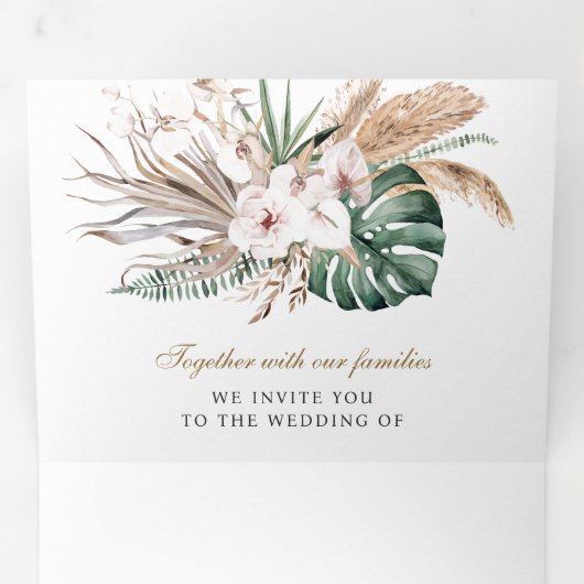 Tropical Monstera Boho Pampas QR Code Wedding Dreifach Gefaltete Einladung (Innen Erste Seite)
