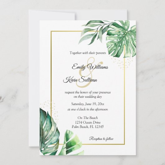 Tropical Monstera Botanicals & Gold | Hochzeit Einladung (Vorderseite)