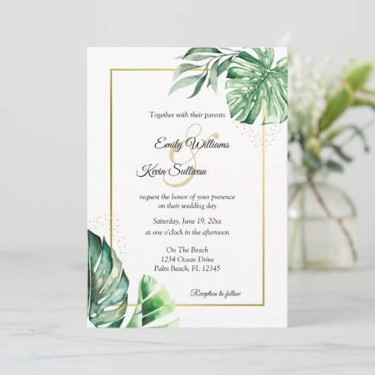 Tropical Monstera Botanicals & Gold | Hochzeit Einladung (Stehend Vorderseite)