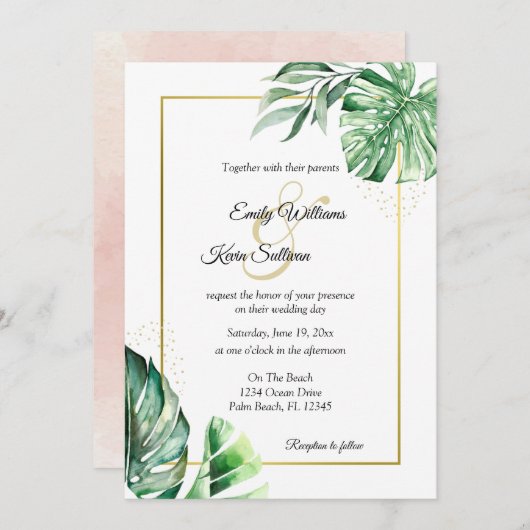 Tropical Monstera Botanicals & Gold | Hochzeit Einladung (Vorne/Hinten)