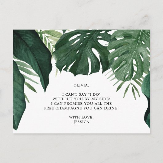 Tropical Monstera Bridesmaid Vorschlag Card Postkarte (Rückseite)