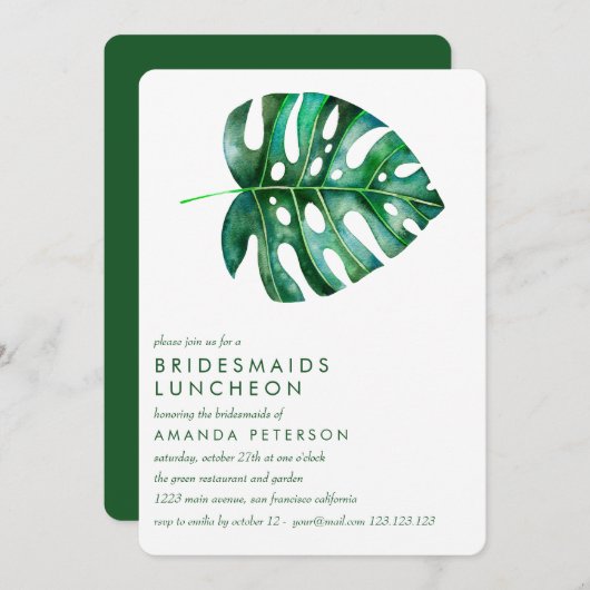Tropical monstera Bridesmaids Luncheon Wedding Einladung (Vorne/Hinten)