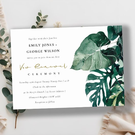 Tropical Monstera Foliage Green Vow Renewal Einlad Dankeskarte