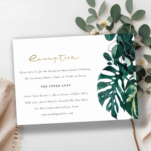 Tropical Monstera Foliage Green Wedding Reception Begleitkarte