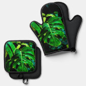 Tropical Monstera Glow – Jungle Leaf Photography Ofenhandschuh & Topflappen-Set (Vorderseite/Rückseite)