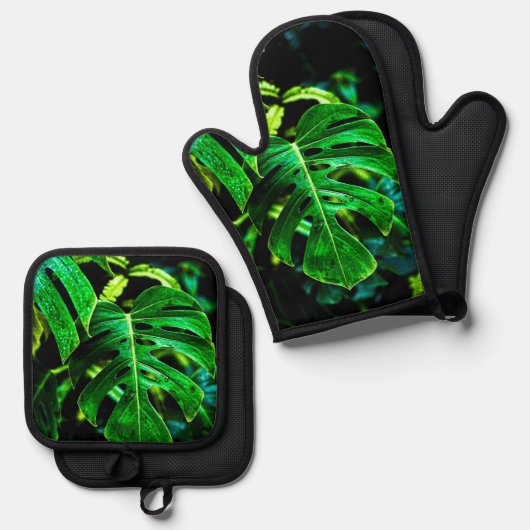 Tropical Monstera Glow – Jungle Leaf Photography Ofenhandschuh & Topflappen-Set (Vorderseite/Rückseite)