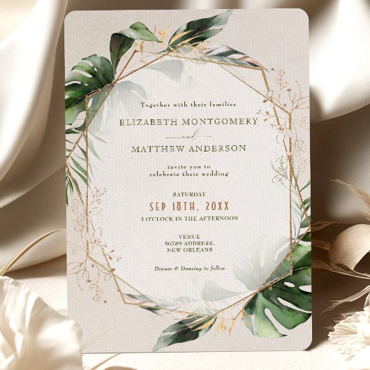 Tropical Monstera Gold Green Watercolor Wedding Einladung