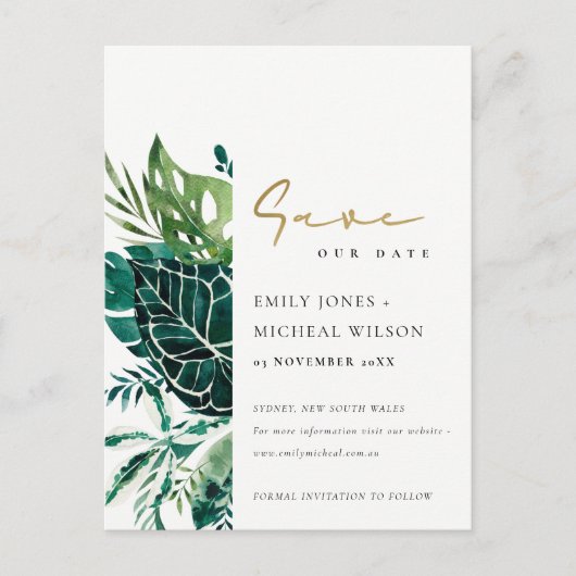 Tropical Monstera Green Leafy Fauna Save the Date Postkarte (Vorderseite)