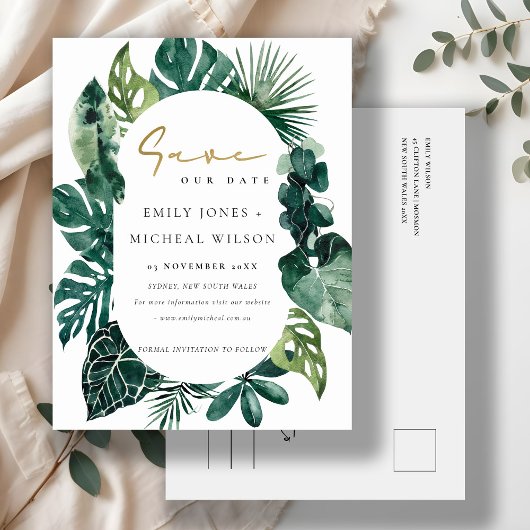 Tropical Monstera Green Leafy Fauna Save the Date Postkarte