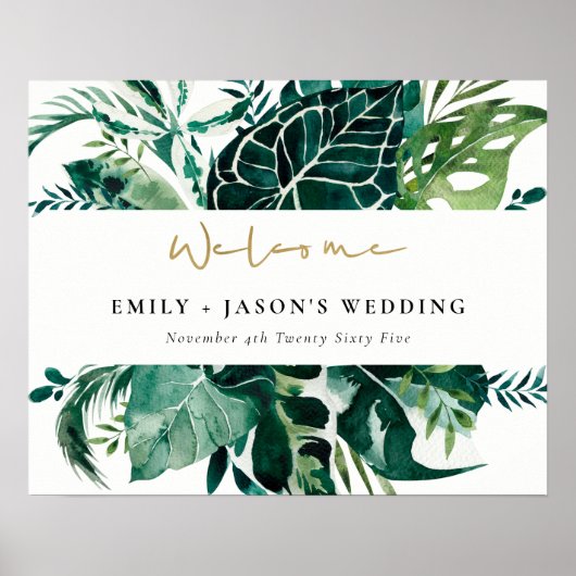 Tropical Monstera Green Leafy Wedding Willkommensz Poster (Vorne)