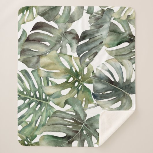 Tropical Monstera Grosse Wasserfarbenmuster Sherpadecke (Vorderseite)