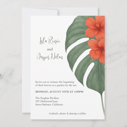 Tropical Monstera & Hibiscus Wedding Einladung (Vorderseite)