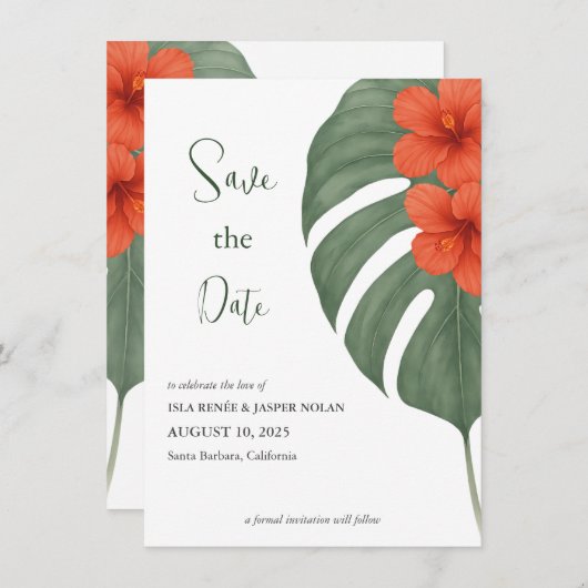 Tropical Monstera & Hibiskus Wedding Save The Date (Vorne/Hinten)