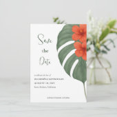 Tropical Monstera & Hibiskus Wedding Save The Date (Stehend Vorderseite)