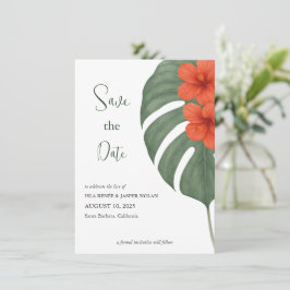Tropical Monstera & Hibiskus Wedding Save The Date
