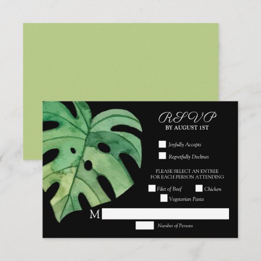 Tropical Monstera Leaf Botanische Hochzeit RSVP Karte (Vorne/Hinten)