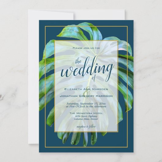 Tropical Monstera Leaf Dark Blue Gold Wedding Einladung (Vorderseite)