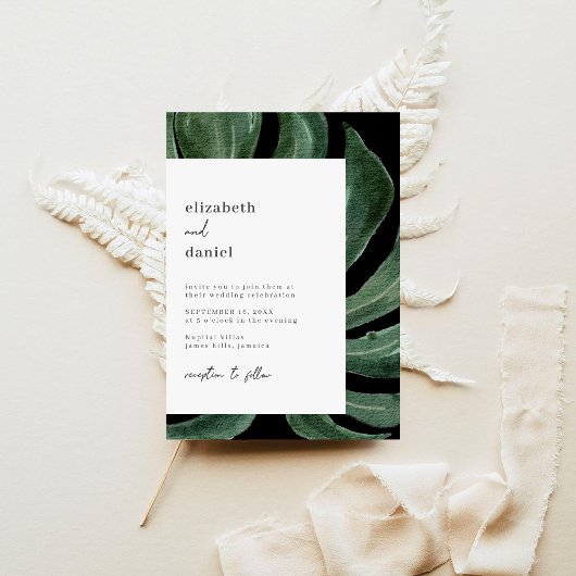 Tropical Monstera Leaf Destination Wedding Einladung