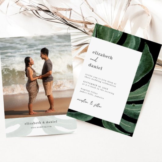 Tropical Monstera Leaf Destination Wedding Photo Einladung