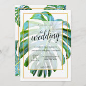 Tropical Monstera Leaf Fotografie Gold Wedding Einladung (Vorne/Hinten)