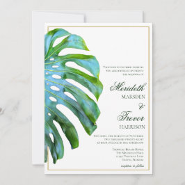 Tropical Monstera Leaf Green Gold Beach Hochzeit Einladung
