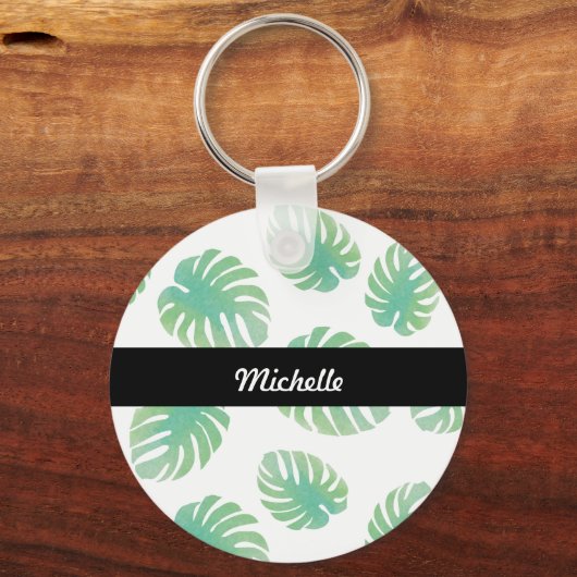 Tropical Monstera Leaf Green Pattername Schlüsselanhänger (Vorderseite)