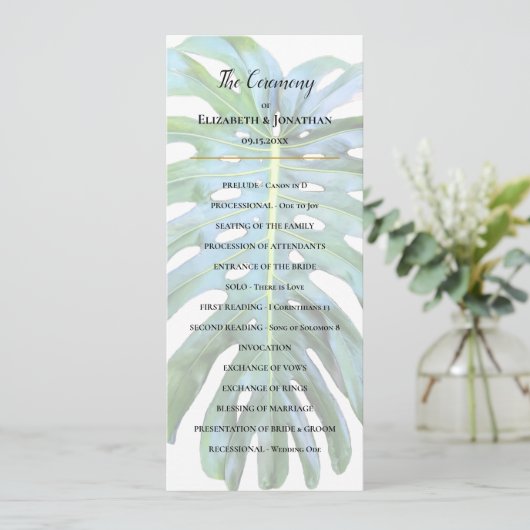 Tropical Monstera Leaf Greenerity Beach Hochzeit Programm (Stehend Vorderseite)