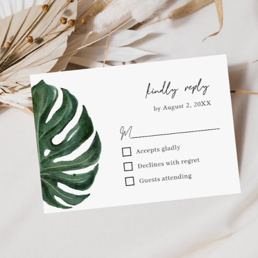 Tropical Monstera Leaf Minimal Wedding  RSVP Karte