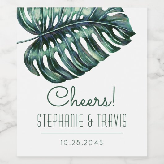 Tropical Monstera Leaf Mod Beach Wedding Weinetikett (Einzelnes Label)