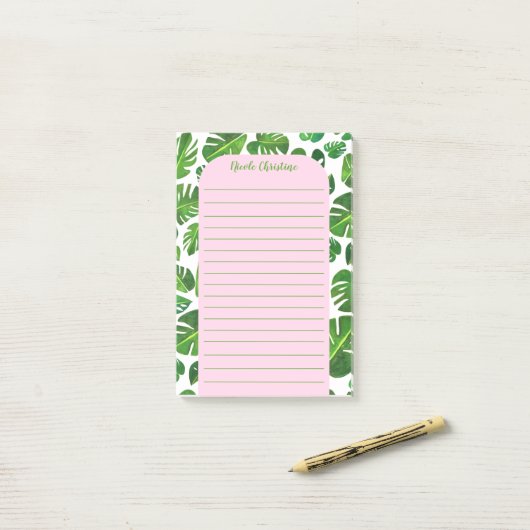 Tropical Monstera Leaf Muster geschnitten Post-it Klebezettel (Auf Schreibtisch)