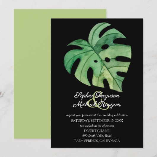 Tropical Monstera Leaf on Black Wedings Invites (Vorne/Hinten)