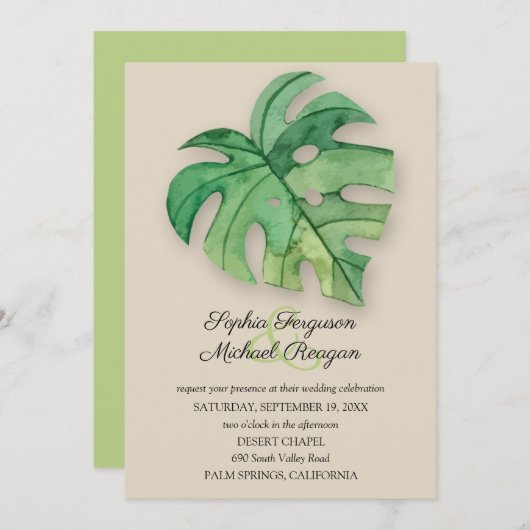Tropical Monstera Leaf on Tan Wedding Invites (Vorne/Hinten)