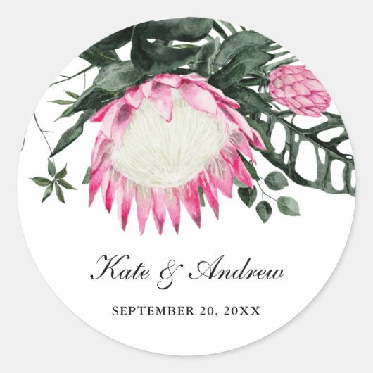 Tropical Monstera Leaf | Protea Floral Wedding Runder Aufkleber (Vorderseite)