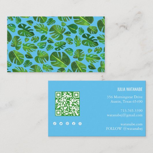 Tropical Monstera Leaf QR Code Social Media Chic Visitenkarte (Vorne/Hinten)
