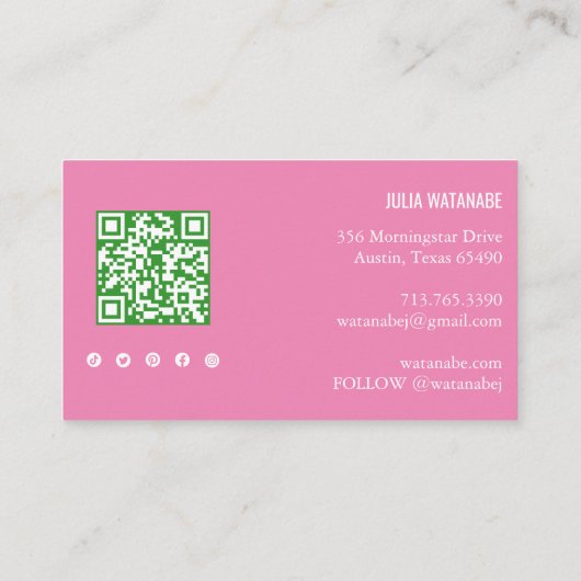 Tropical Monstera Leaf QR Code Social Media Pink Visitenkarte (Rückseite)