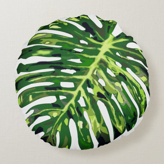 Tropical Monstera Leaf Rundes Kissen (Rückseite)