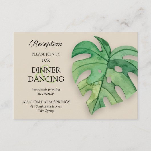 Tropical Monstera Leaf Tan Wedding Reception Card Begleitkarte (Vorderseite)