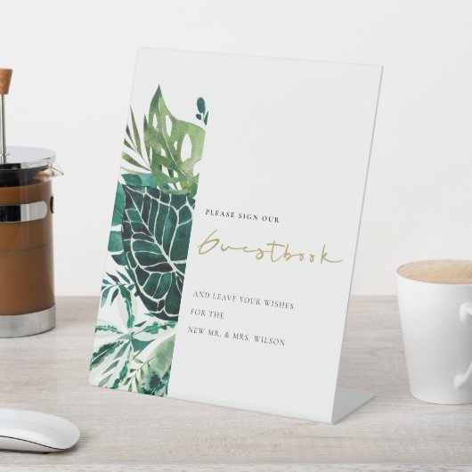 Tropical Monstera Leafy Wedding Guestbook Sign Sockelschild (In SItu)